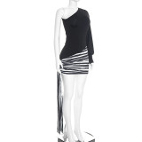 EVE Single Shoulder Long Sleeve Stripe Mini Dress GSZM-C26DS328