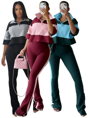 EVE Contrast Color Stripe Half Sleeve Two Piece Pants Set CH-26036