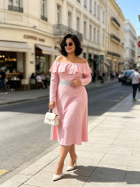 EVE Plus Size One Shoudler Ruffles Long Sleeve Midi Dress GAWE-6787