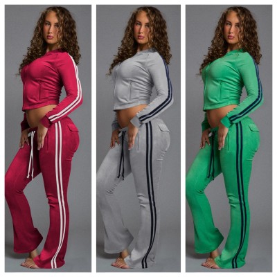 EVE Solid Color Zipper Top Two Piece Pants Set YD-8840