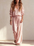 EVE Loose V Neck Logn Sleeve Pants 2 Piece Set GWDS-260719
