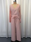 EVE Loose V Neck Logn Sleeve Pants 2 Piece Set GWDS-260719