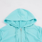 EVE Solid Color Zipper Hooded Sweatshirt Two Piece Shorts Set GPKJ-MR51387