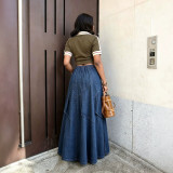 EVE Plus Size High Waist Pleated Denim Long Skirt GYLN-6470