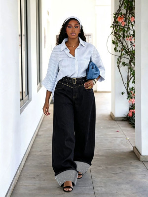 EVE Plus Size Hot Drill Rivet Washed Jeans GYLN-3836