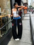 EVE Letter Embroidery Color Block Patchwork Pants GYLN-3235