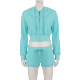 EVE Solid Color Zipper Hooded Sweatshirt Two Piece Shorts Set GPKJ-MR51387