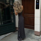 EVE Polka Dot Print Lace Patchwork Sling Maxi Dress GPKJ-MR51282
