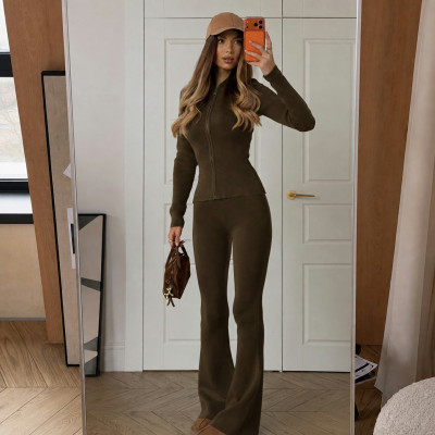 EVE Solid Zip-Up Hooded Coat Flare-Leg Pants Two Piece Set GPKJ-MR50863