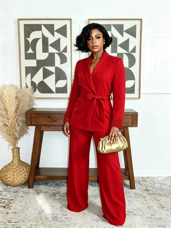 EVE Elegant Beaded Long Sleeve Blazer And Pants Set NY-11305