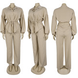 Lapel Neck Shirt Wide Leg Pants 2 Piece Set NY-3955