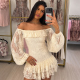 EVE Lace Patchwork One Shoulder Lantern Sleeve Mini Dress GPKJ-MR49975