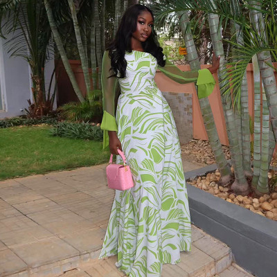 EVE Slash Neck Mesh Long Sleeve Print Dress GJYO-JD305799