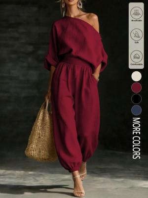 EVE Slash Neck Off Shoulder Two Piece Pants Set GSRX-990