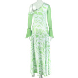 EVE Slash Neck Mesh Long Sleeve Print Dress GJYO-JD305799
