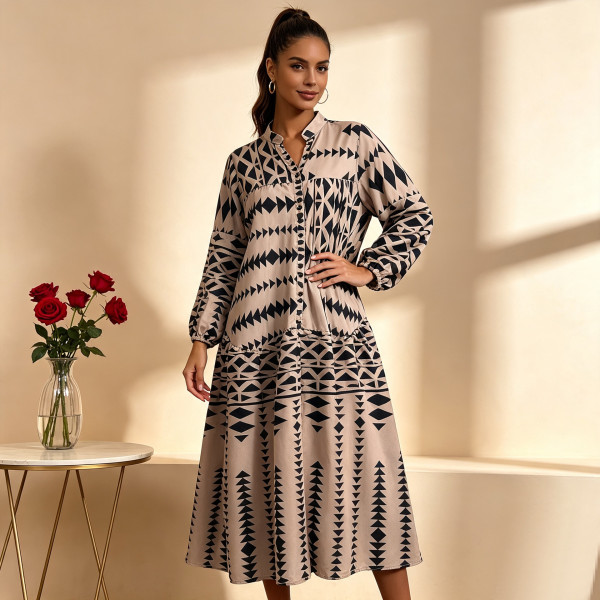 EVE Plus Size Print Long Sleeve Maxi Dress QMZF-1877