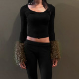 EVE Long Sleeve Fur Patchwork Sleeve Top GSBW-Y26TP352
