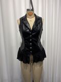 EVE V Neck Sleeveless Ruffles Leather Tops GWDS-260704