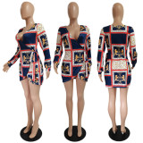 EVE Plus Size V Neck Printed Long Sleeve Mini Dress GDYF-6669