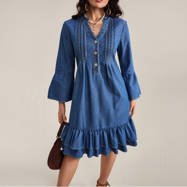 EVE Lantern Sleeve Loose Denim Midi Dress GDAM-218978