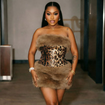 EVE Fur Patchwork Leopard Sequin Mini Dress GDSF-D26DS271