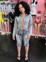 EVE Denim Embroidered Long Sleeve Two Piece Pants Set MEM-88720
