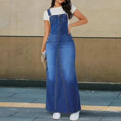 EVE Plus Size Fashion Washed Denim Strap Dress GDAM-218715
