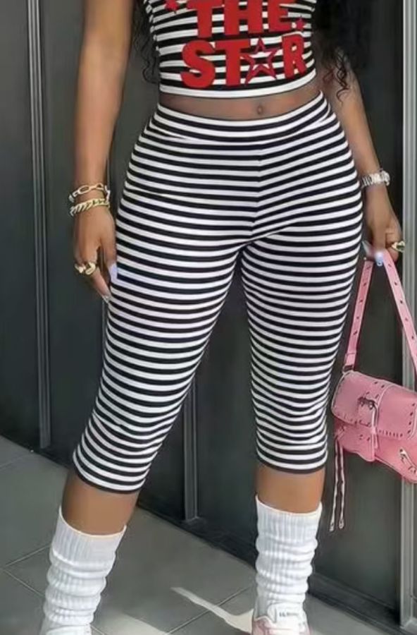 EVE Black White Stripe Slim Seventh Pants GNJF-Z17