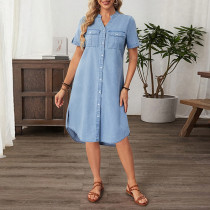 EVE Plus Size Casual Short Sleeve Denim Midi Dress GDAM-218826