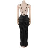 EVE V Neck Cross Hollow Out Split Maxi Dress BY-7802