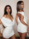 EVE Solid Color Deep V Neck Ruched Mini Dress GHYX-TXY5530