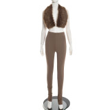 EVE Halterneck Fur Backless Two Piece Pants Set MXBF-J26ST383