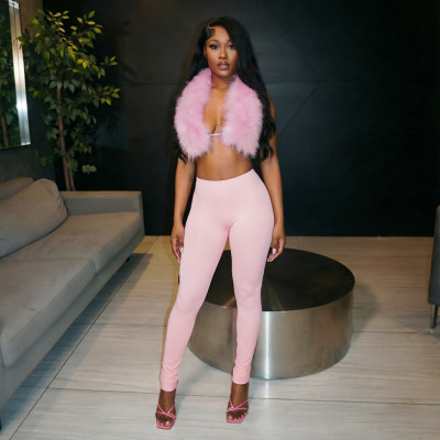 EVE Halterneck Fur Backless Two Piece Pants Set MXBF-J26ST383