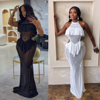 EVE Ruffles Sleeveless Mesh See Through Maxi Dress GTYZ-7620