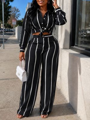 EVE Stripe Long Sleeve Shirt Pants 2 Piece Set HNIF-TK085