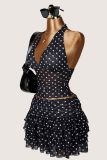 EVE Polka Dot Printed Halterneck Pleated Skirt Suit GXIY-K26L2404