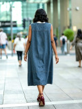 EVE Plus Size V Neck Loose Sleeveless Denim Midi Dress GYLN-6460