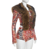 EVE Fur Neck Patchwork Hollow Out Short Suit MXBF-Y26ST302