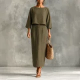 EVE Long Sleeve Solid Color Top Split Long Skirt Suit HNIF-SR002