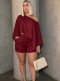 EVE Slash Shoulder Bat Sleeve Two Piece Shorts Set HNIF-CH603