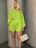 EVE Slash Shoulder Bat Sleeve Two Piece Shorts Set HNIF-CH603