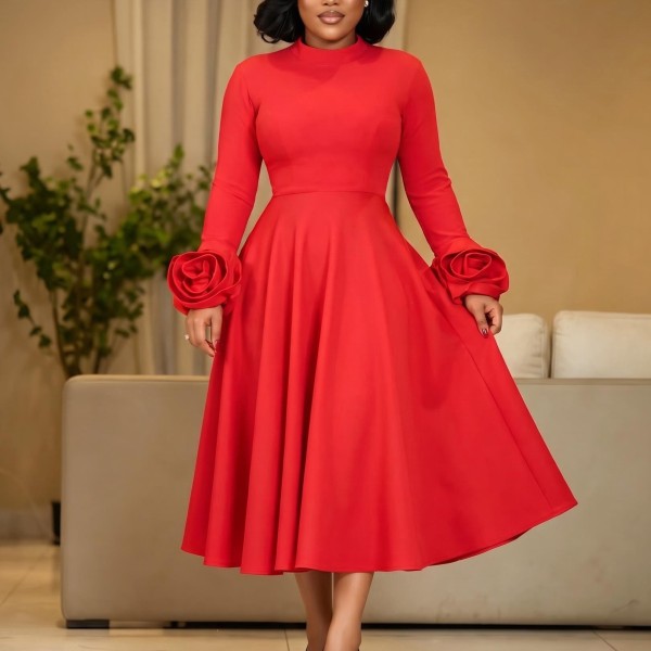 EVE Plus Size 3D Flower Long Sleeve Midi Dress GATE-645