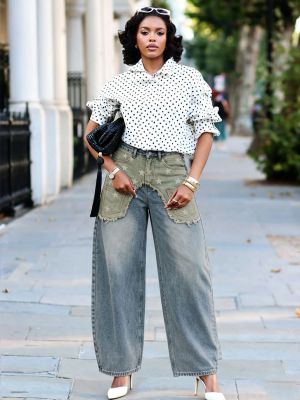 EVE Plus Size Star Printed Raw Edge Straight Jeans GYLN-1039