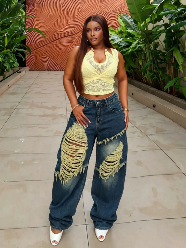 EVE Plus Size Wash Holes Loose Jeans GYLN-0391