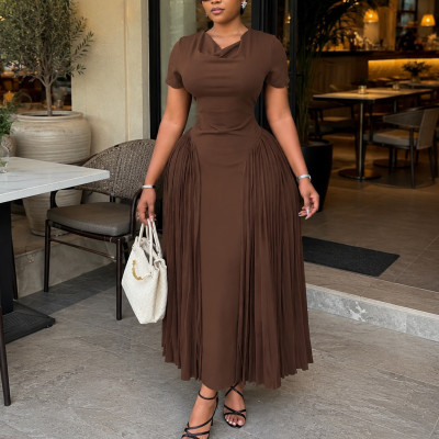 EVEPlus Size Solid Color Short Sleeve Ruched Maxi Dress GCZF-8672