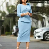 EVE Plus Size Soldi Color 3/4 Sleeve Midi Dress GMLF-3381