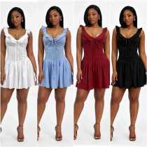 EVE V Neck Solid Color Backless Mini Dress GMYU-9512