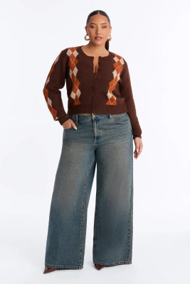 EVE Plus Size Diamond Plaid Color Blocked Sweater Coats YMEF-59125