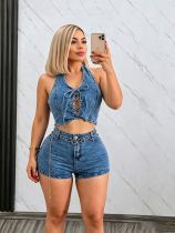 EVE Halterneck Hollow Out Denim Two Piece Shorts Set GMYU-6797
