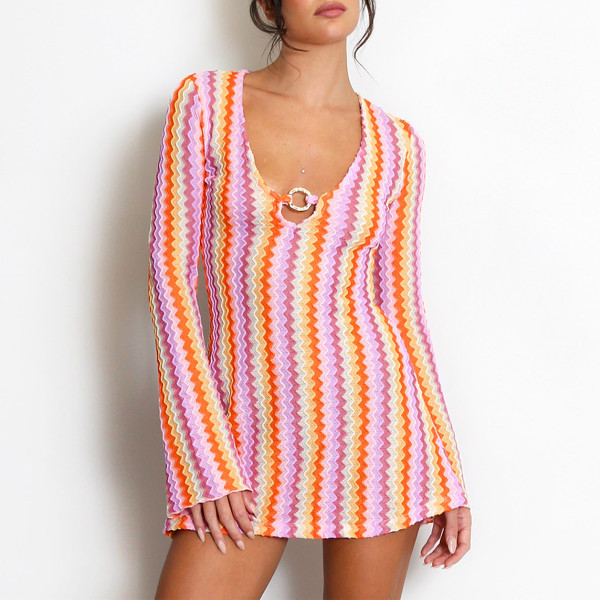 EVE Long Sleeve Deep V Neck Printed Mini Dress GNZD-12153DBM